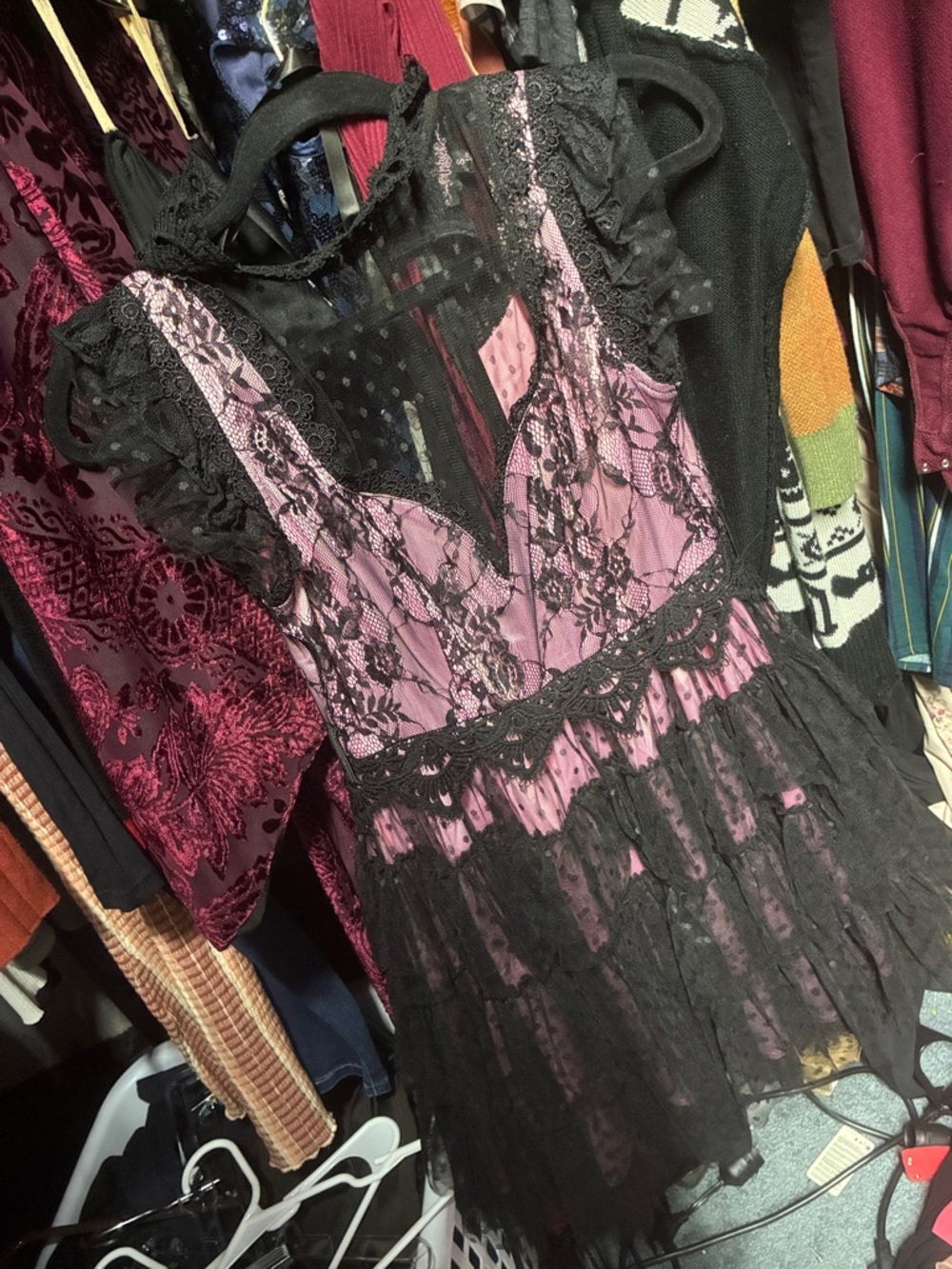 Lace-Overlay Mini Dress in Pink and Black